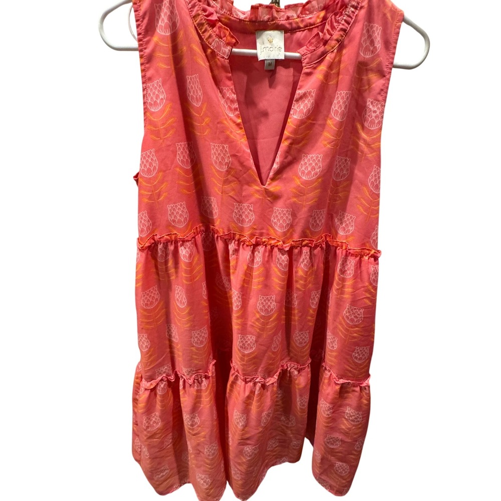 J. Marie Pink Coral Floral Tiered Mini Dress Sleeveless Ruffle Split V-Neck‎ M